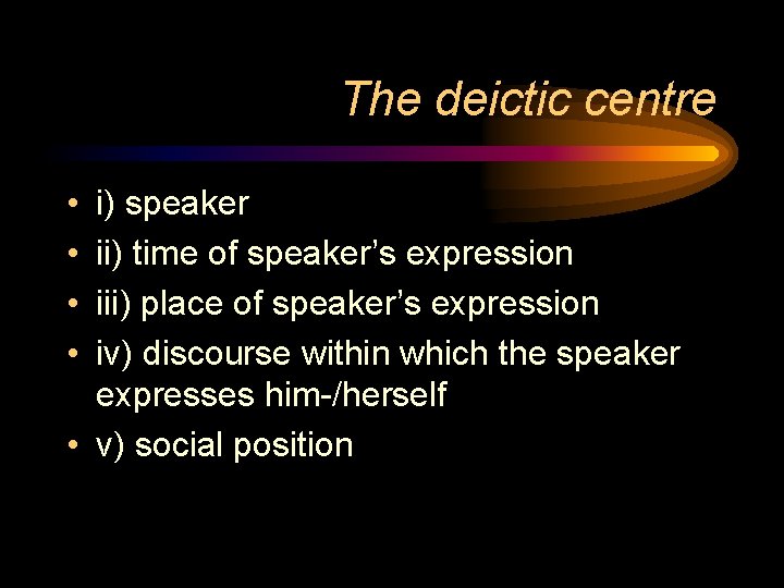 The deictic centre • • i) speaker ii) time of speaker’s expression iii) place