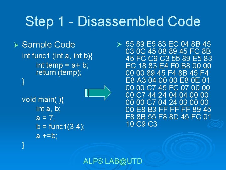 Step 1 - Disassembled Code Ø Sample Code Ø int func 1 (int a,