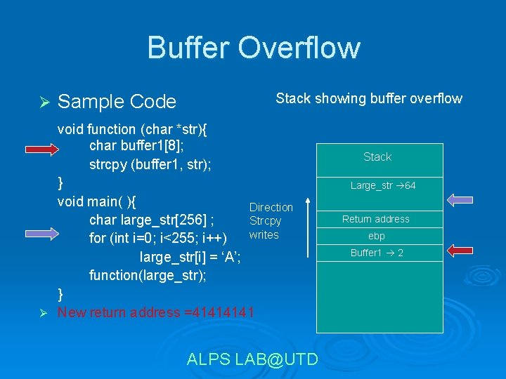 Buffer Overflow Ø Sample Code Stack showing buffer overflow void function (char *str){ char