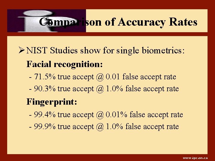 Comparison of Accuracy Rates Ø NIST Studies show for single biometrics: Facial recognition: -