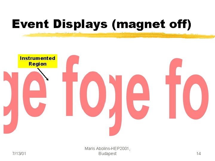 Event Displays (magnet off) Instrumented Region 7/13/01 Maris Abolins-HEP 2001, Budapest 14 