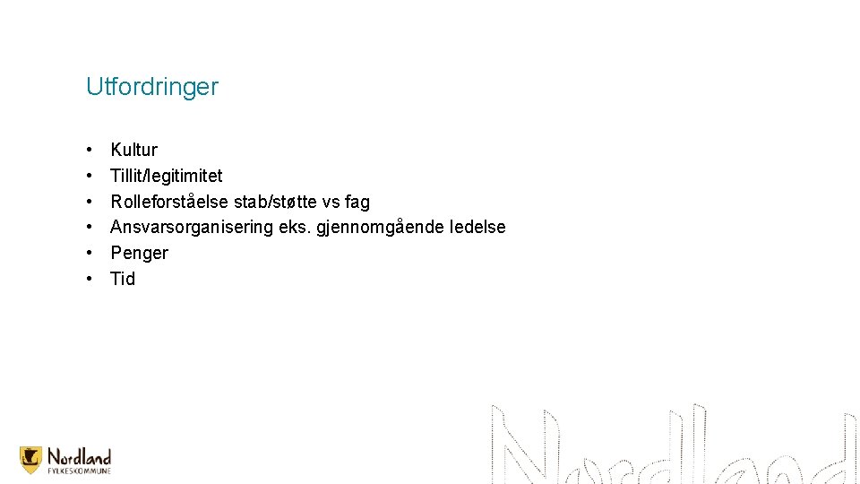 Utfordringer • • • Kultur Tillit/legitimitet Rolleforståelse stab/støtte vs fag Ansvarsorganisering eks. gjennomgående ledelse
