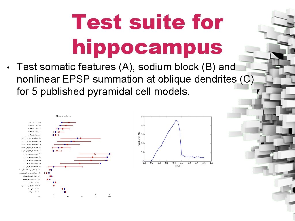 Test suite for hippocampus • Test somatic features (A), sodium block (B) and nonlinear