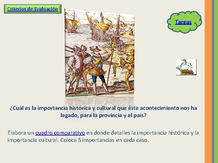 Criterios de Evaluación Tareas ¿Cuál es la importancia histórica y cultural que éste acontecimiento