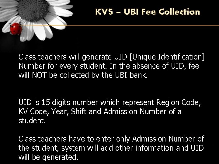 KVS – UBI Fee Collection Class teachers will generate UID [Unique Identification] Number for