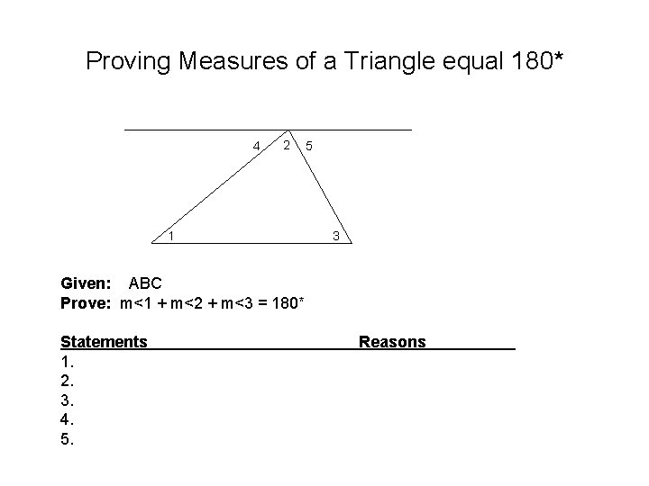 Proving Measures of a Triangle equal 180* 4 2 1 5 3 Given: ABC