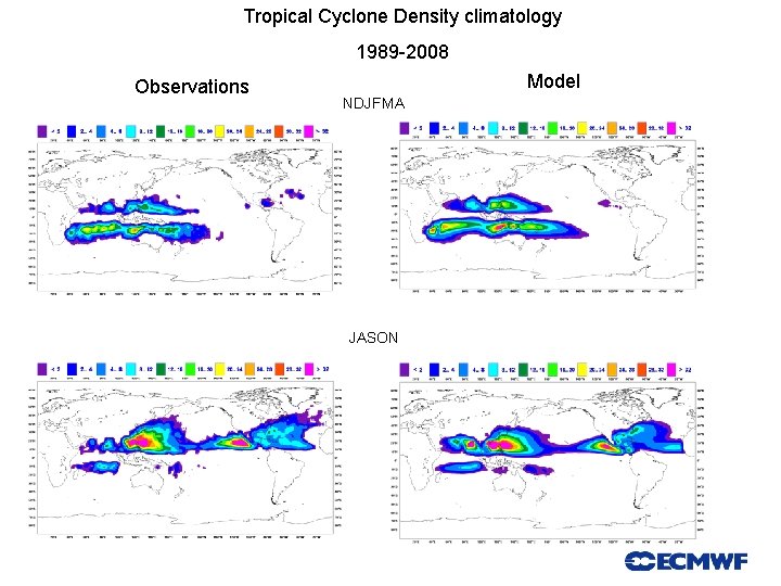 Tropical Cyclone Density climatology 1989 -2008 Observations Model NDJFMA JASON Slide 52 52 