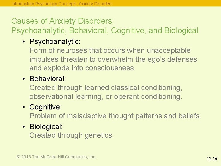 Introductory Psychology Concepts: Anxiety Disorders Causes of Anxiety Disorders: Psychoanalytic, Behavioral, Cognitive, and Biological