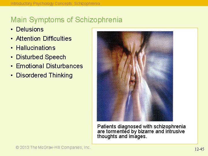 Introductory Psychology Concepts: Schizophrenia Main Symptoms of Schizophrenia • • • Delusions Attention Difficulties