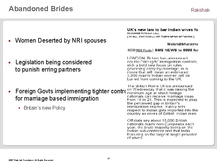 Abandoned Brides Rakshak § Women Deserted by NRI spouses § Legislation being considered to