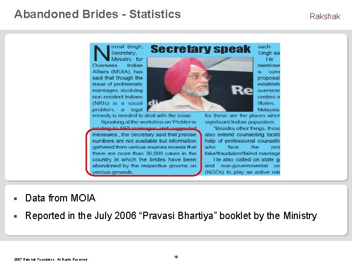 Abandoned Brides - Statistics Rakshak § Data from MOIA § Reported in the July