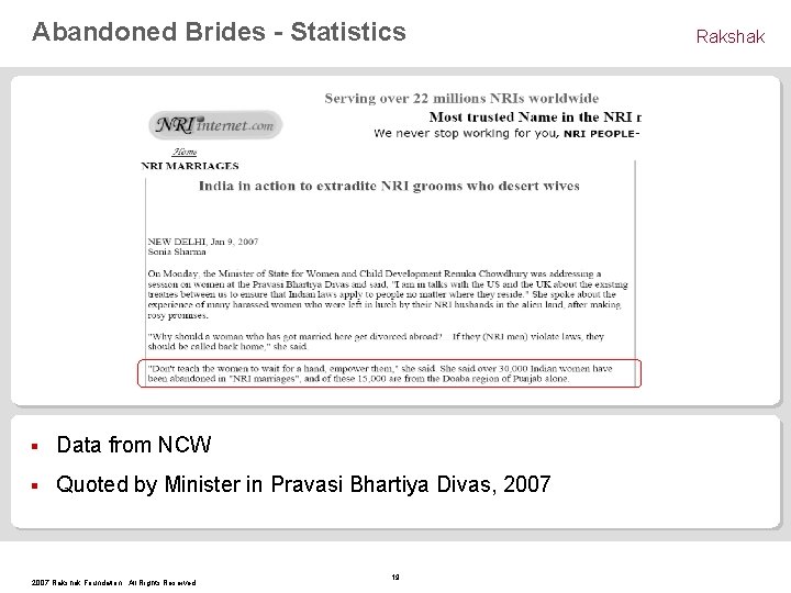 Abandoned Brides - Statistics § Data from NCW § Quoted by Minister in Pravasi
