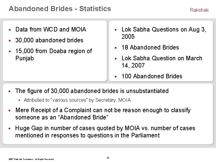 Abandoned Brides - Statistics § Data from WCD and MOIA § 30, 000 abandoned