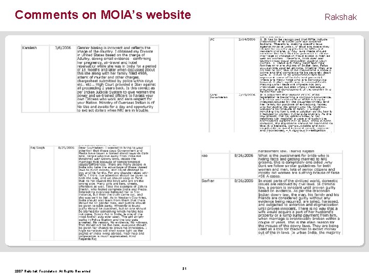 Comments on MOIA’s website 2007 Rakshak Foundation. All Rights Reserved. 31 Rakshak 