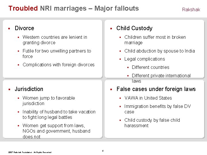 Troubled NRI marriages – Major fallouts § Divorce Child Custody § Western countries are