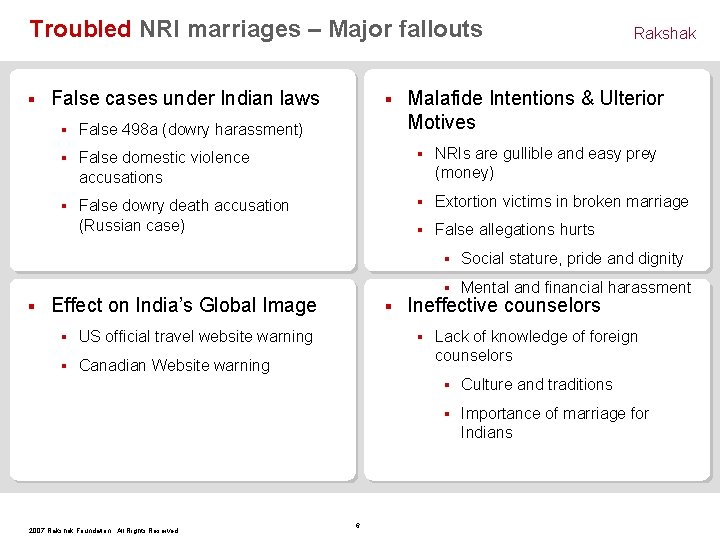 Troubled NRI marriages – Major fallouts § § False cases under Indian laws §