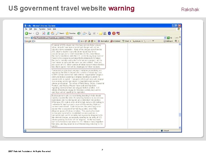 US government travel website warning 2007 Rakshak Foundation. All Rights Reserved. 7 Rakshak 