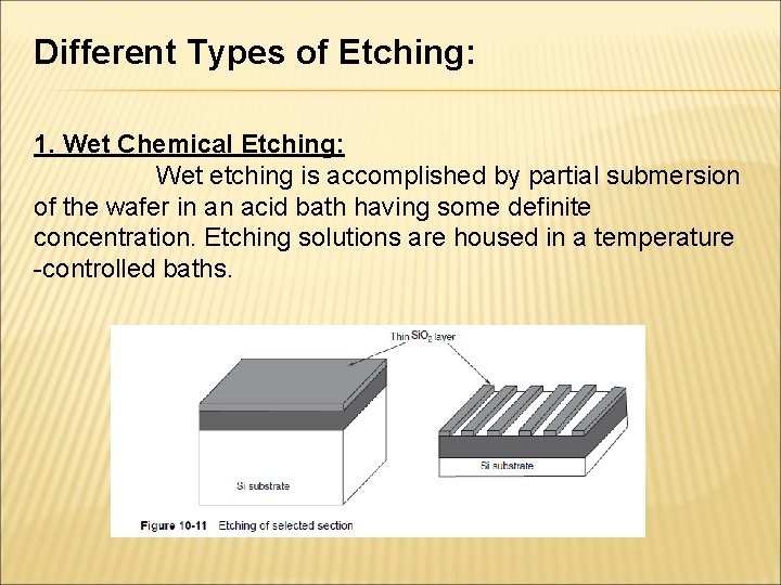 Different Types of Etching: 1. Wet Chemical Etching: Wet etching is accomplished by partial