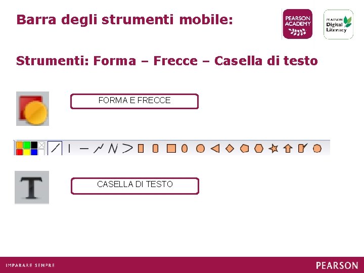 Barra degli strumenti mobile: Strumenti: Forma – Frecce – Casella di testo FORMA E