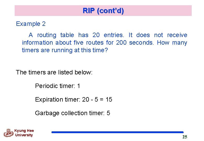 RIP (cont’d) Example 2 A routing table has 20 entries. It does not receive