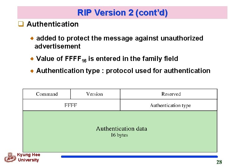 RIP Version 2 (cont’d) q Authentication added to protect the message against unauthorized advertisement