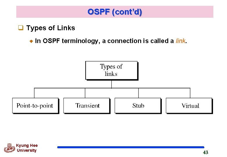 OSPF (cont’d) q Types of Links In OSPF terminology, a connection is called a