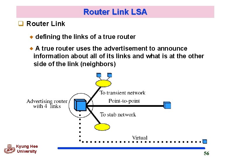 Router Link LSA q Router Link defining the links of a true router A