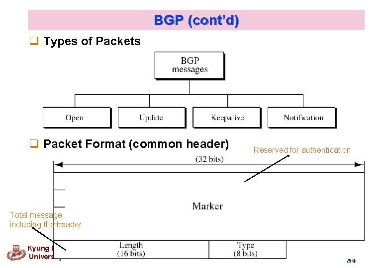 BGP (cont’d) q Types of Packets q Packet Format (common header) Reserved for authentication