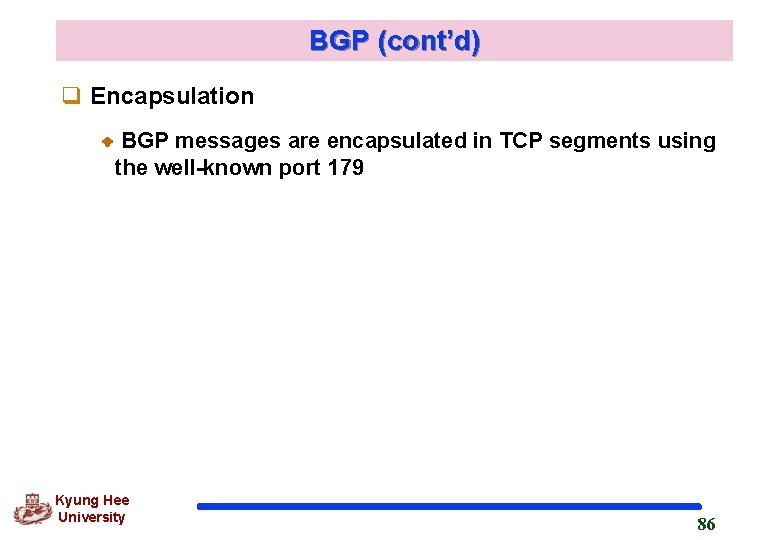 BGP (cont’d) q Encapsulation BGP messages are encapsulated in TCP segments using the well-known