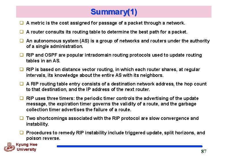 Summary(1) q A metric is the cost assigned for passage of a packet through