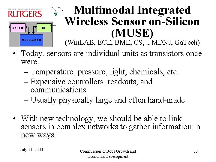 Sensor RF Modem/CPU Multimodal Integrated Wireless Sensor on-Silicon (MUSE) (Win. LAB, ECE, BME, CS,