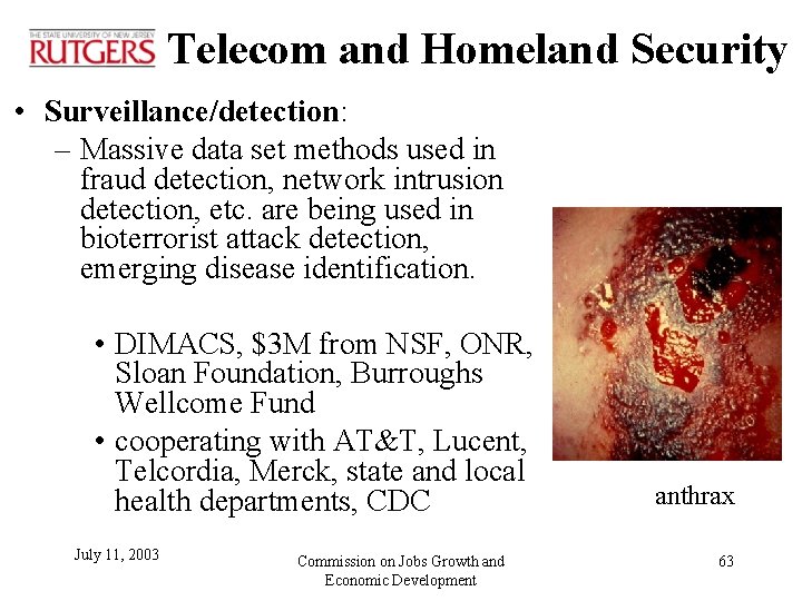 Telecom and Homeland Security • Surveillance/detection: – Massive data set methods used in fraud