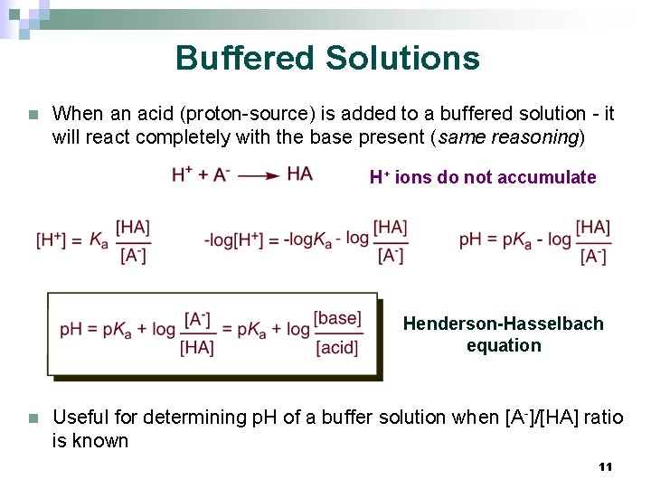 Buffered Solutions n When an acid (proton-source) is added to a buffered solution -