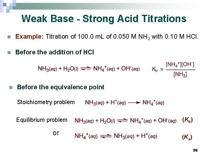 Weak Base - Strong Acid Titrations n Example: Titration of 100. 0 m. L