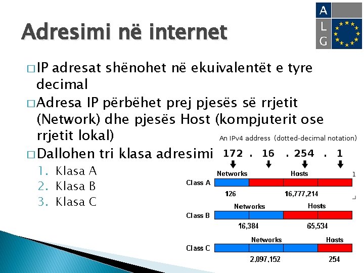 Adresimi në internet � IP adresat shënohet në ekuivalentët e tyre decimal � Adresa
