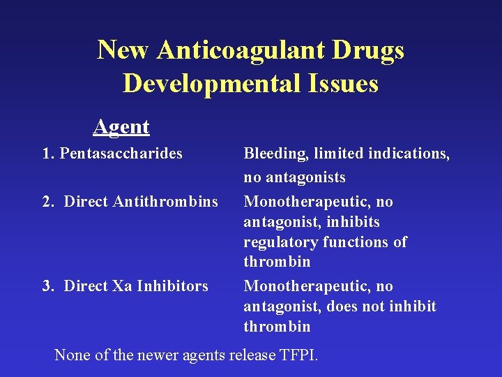 New Anticoagulant Drugs Developmental Issues Agent 1. Pentasaccharides 2. Direct Antithrombins 3. Direct Xa