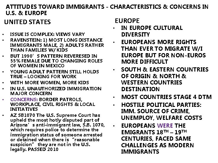 ATTITUDES TOWARD IMMIGRANTS - CHARACTERISTICS & CONCERNS IN U. S. & EUROPE UNITED STATES