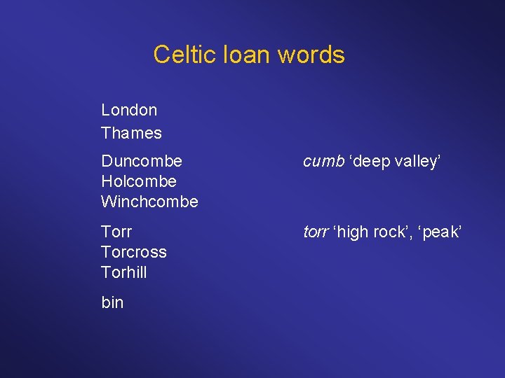 Celtic loan words London Thames Duncombe Holcombe Winchcombe cumb ‘deep valley’ Torr Torcross Torhill