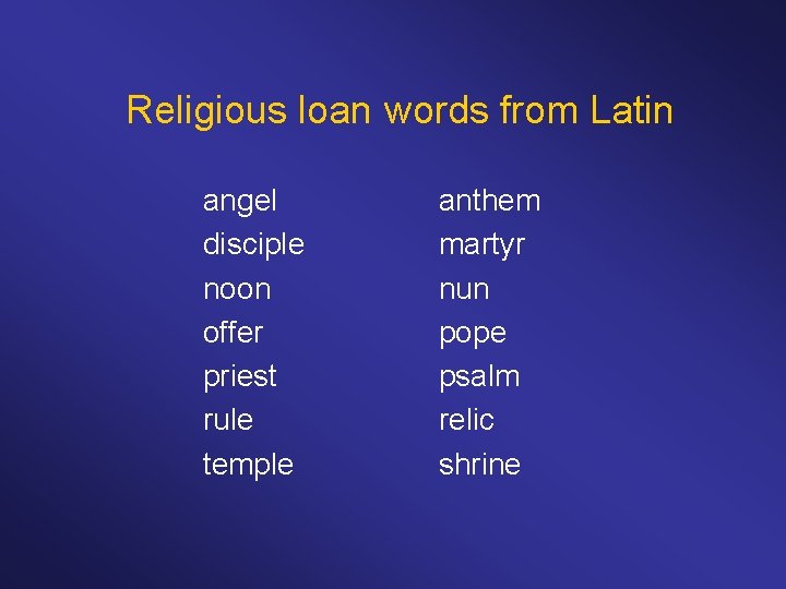 Religious loan words from Latin angel disciple noon offer priest rule temple anthem martyr