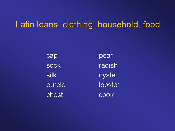 Latin loans: clothing, household, food cap sock silk purple chest pear radish oyster lobster