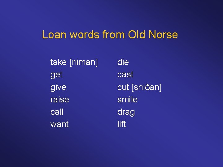 Loan words from Old Norse take [niman] get give raise call want die cast
