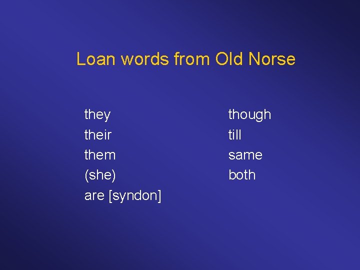 Loan words from Old Norse they their them (she) are [syndon] though till same