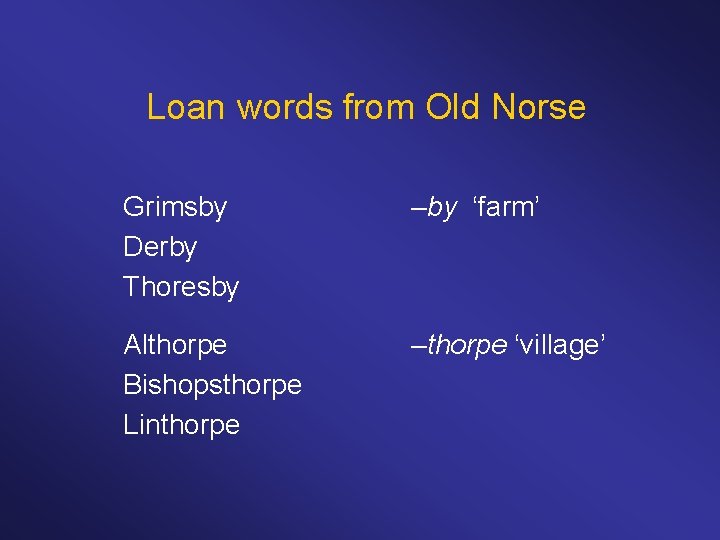 Loan words from Old Norse Grimsby Derby Thoresby –by ‘farm’ Althorpe Bishopsthorpe Linthorpe –thorpe