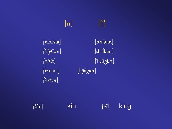 [n] [ni: Csta] [hly. Can] [ni. Ct] [mo: na] [hr{vn] [k. In] [Î] [briÎgan]