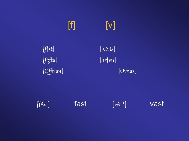 [f] [v] [f{st] [l. Uv. U] [fi: fta] [hr{vn] [Offrian] [f. Ast] [Ovnas] fast
