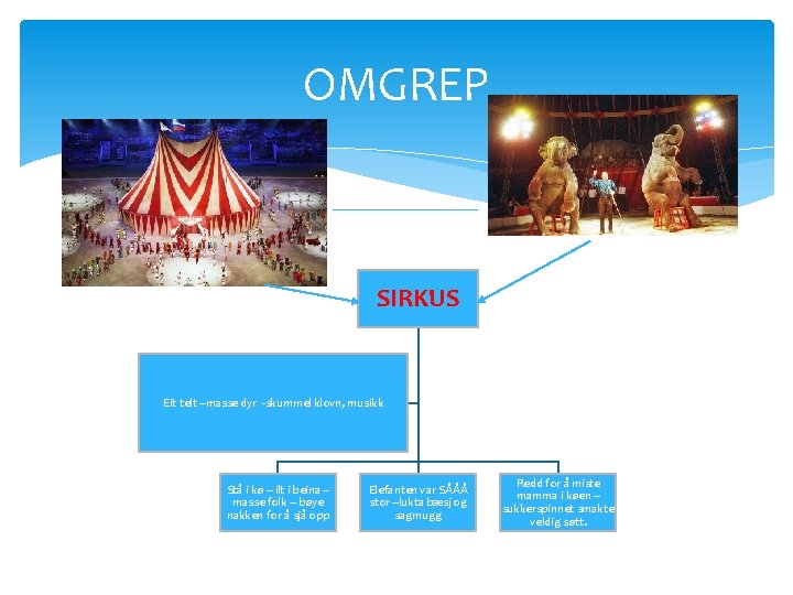 OMGREP SIRKUS Eit telt –masse dyr -skummel klovn, musikk Stå i kø – ilt