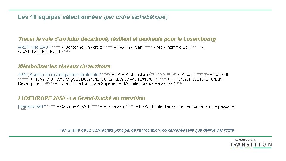 Les 10 équipes sélectionnées (par ordre alphabétique) Tracer la voie d’un futur décarboné, résilient