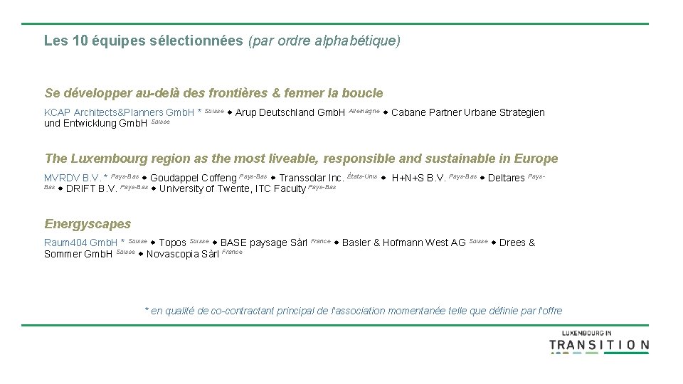 Les 10 équipes sélectionnées (par ordre alphabétique) Se développer au-delà des frontières & fermer
