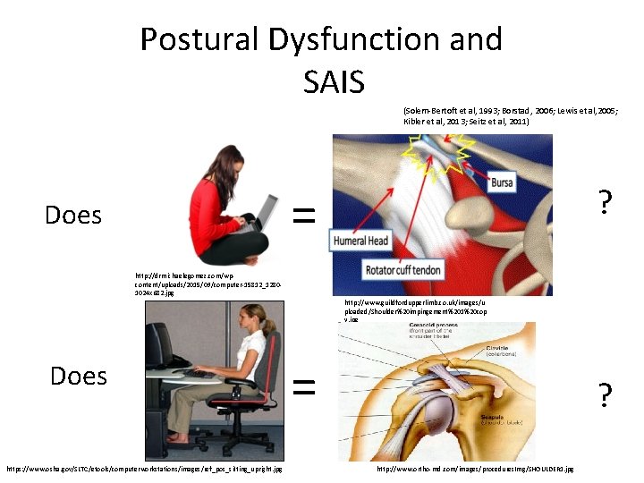 Postural Dysfunction and SAIS (Solem-Bertoft et al, 1993; Borstad, 2006; Lewis et al, 2005;