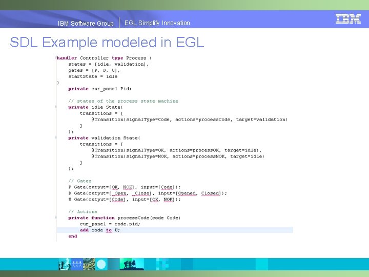 EGLSimplify. Innovation IBMSoftware. Group | EGL SDL Example modeled in EGL 
